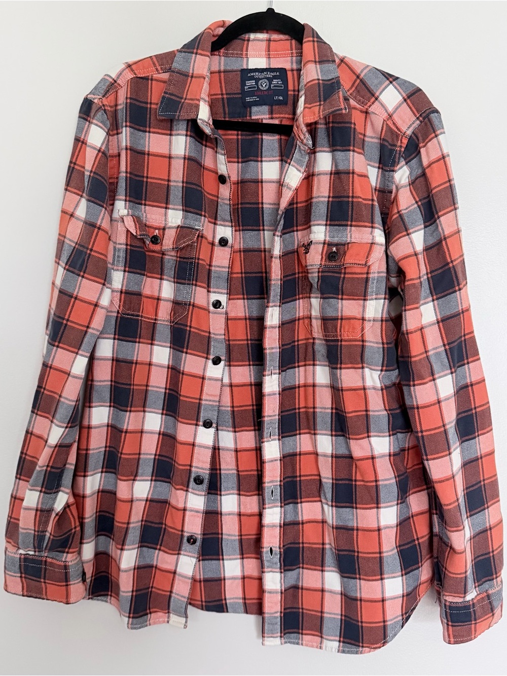American Eagle Orange & Navy Plaid Flannel Shirt